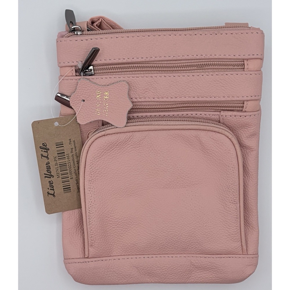 Krediz Genuine Leather Pink Crossbody Bag Multiple Zipper Pockets